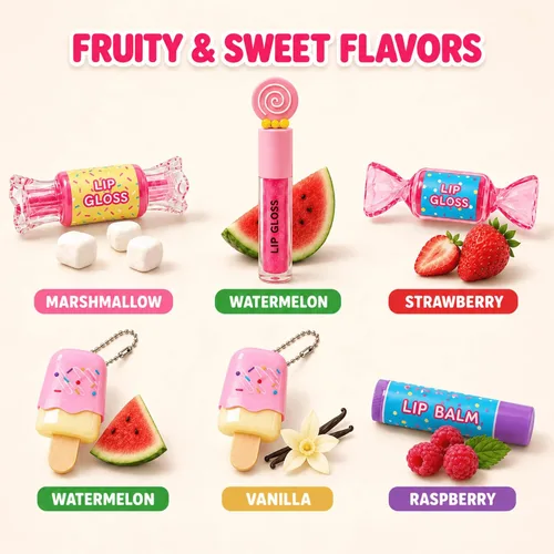 Vista 6 de M&U MAKE YOU UP MU Set de 6 barras de brillo labial dulce de caramelo para niños - 1 barra recta, 2 barras de helado y 2 barras de bálsamo