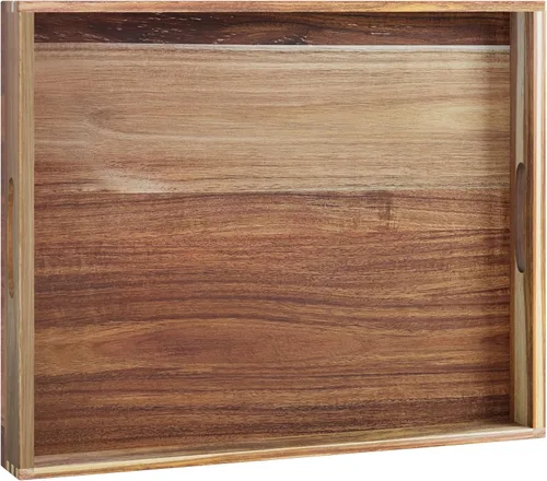 Vista 7 de MAONAME Bandeja otomana extra grande, bandeja de servir de madera de acacia de 22 x 18 pulgadas con asas, bandejas decorativas de madera