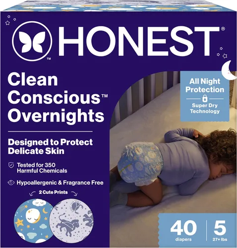 Vista 14 de The Honest Company Pañales Comfort Dry para la noche, protección de hasta 12 horas, hipoalergénicos, acogedores carteles de nube + estrellas