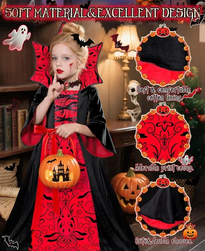 Vista 5 de Ropa de vestir para niños, disfraz de vampiro de Halloween para niñas