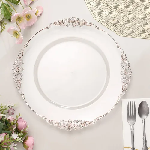 Vista 17 de Tableclothsfactory Paquete de 6 platos barrocos redondos de oro transparente de 13 pulgadas, borde en relieve de hojas para decoración de mesa