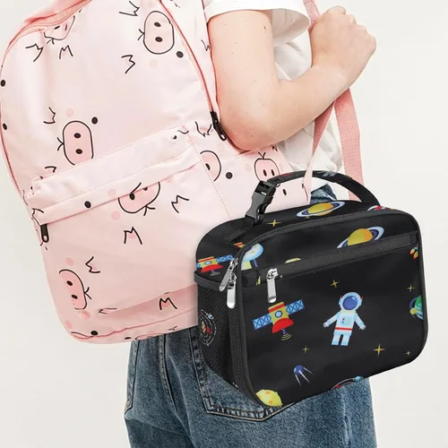 Vista 6 de Lonchera para niños y niñas, bolsa de almuerzo aislada y duradera, lonchera para niños con astronauta para la escuela