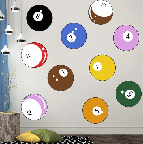 Vista 4 de 15 calcomanías de pared de bolas de billar impresas gráficas para decoración de sala de juegos, arte de pared de vinilo
