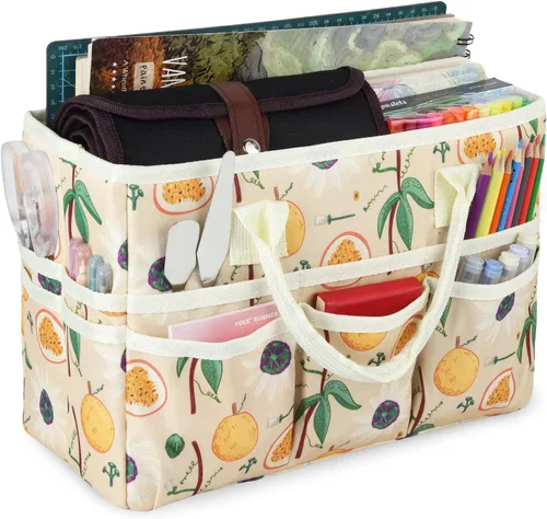 Vista 15 de Bolsa de mano organizadora de manualidades con múltiples bolsillos, gran caddy de almacenamiento de arte con asas para arte, manualidades, costura