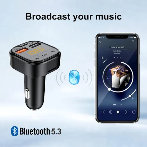 Vista 3 de Adaptador Bluetooth para coche, transmisor FM Bluetooth para coche, reproductor de MP3 QC3.0 carga rápida para todos los teléfonos inteligentes