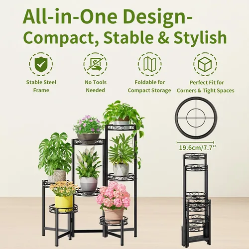 Vista 5 de Soporte de metal para plantas de 7 niveles, estante alto de hierro forjado para plantas para interiores, exteriores, soporte plegable alto