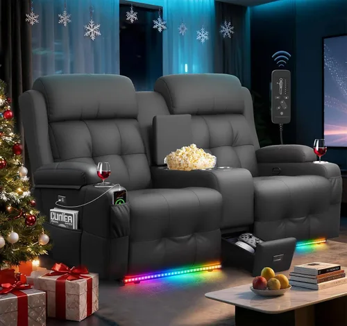 Vista 16 de Sofá reclinable de dos plazas para cine en casa, sofá reclinable de pared con USB, portavasos, sillón reclinable de tela de guijarros, sofá cama