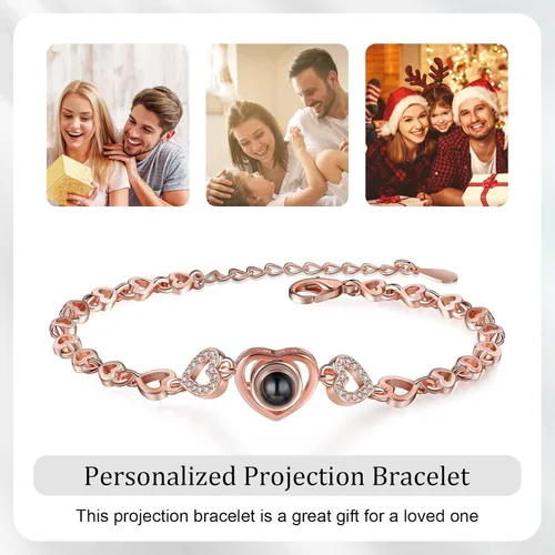 Vista 11 de Jeweidea Custom Bracelet with Picture Inside, Personalized Projection Heart Chain Link with Photo, Memorial Gifts for Women