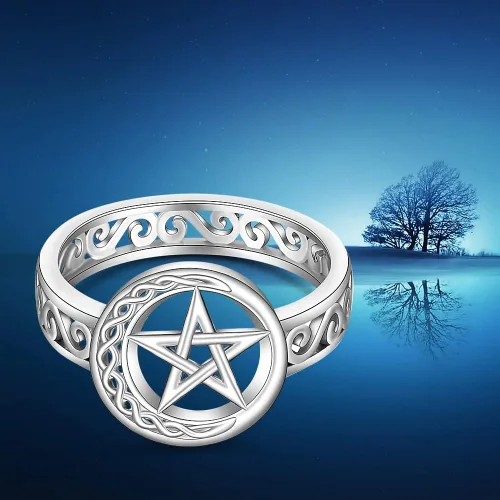 Vista 6 de Talonior Anillo de pentagrama con pentáculo para mujer, nudo celta, luna creciente, bruja, wicca, anillos paganos, plata de ley, amuleto, estrella