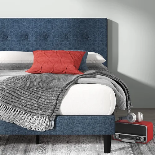 Vista 11 de Zinus Cama de plataforma tapizada Full Piper con cabecera con paneles horizontales, soporte de listones de madera, no necesita somier, fácil