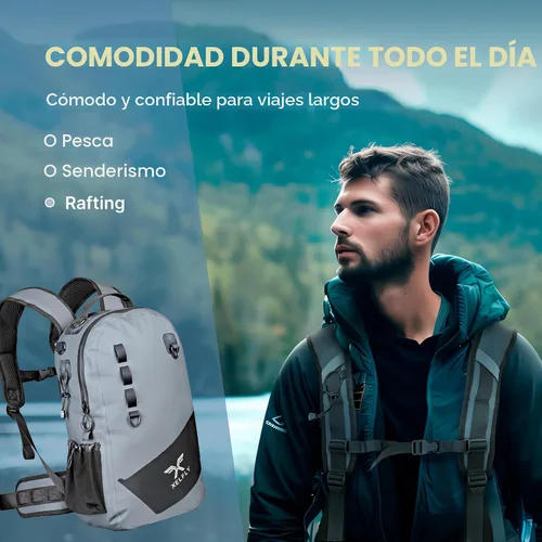 Vista 4 de Xelfly - Mochila de pesca impermeable con soporte para caña, válvula de aire inflable, correas acolchadas para la cintura y bucles para engranajes