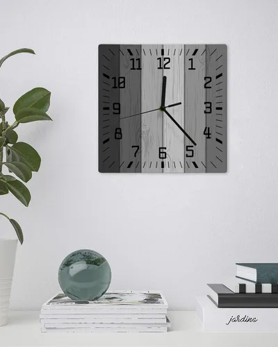Vista 3 de Reloj de pared de madera rústica, negro, gris, blanco, silencioso, sin tictac, reloj de pared cuadrado de madera degradada gris de granja, funciona
