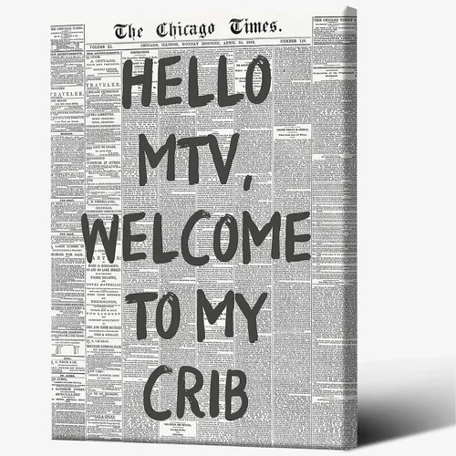 Vista 21 de DVBOCS Pósteres retro de Hello Mtv Welcome To My Crib, fuente rosa, arte de pared en lienzo de periódico, impresiones de pintura de afirmación