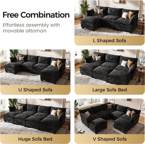 Vista 4 de KKL Sofá Cama Seccional Modular Grande de 91.3", Sofá Cama Convertible en Forma de J/L de 6 Plazas Sofá Nube con Otomana, Sofás Seccionales