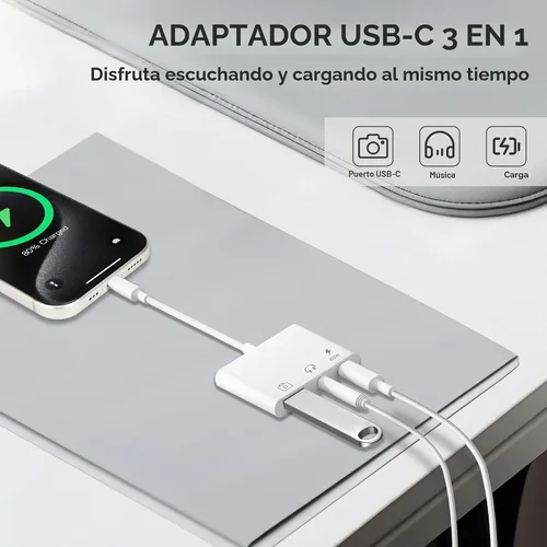 Vista 2 de Adaptador de Aux a USB C a USB, Adaptador OTG USB 3-en-1 con Adaptador de Audio USB C a 3.5mm y Puerto de Carga Rápida PD de 60W, Compatible