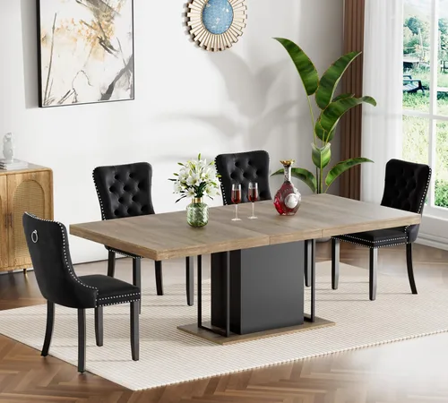 Vista 71 de Juego de mesa de comedor extensible de 5 piezas, juego de mesa de comedor extensible de estilo granja para 4, mesa de cocina expandible de madera