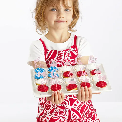 Vista 6 de 24 piezas de adornos para cupcakes con lazo con purpurina, vestido de luna Oh Baby para revelación de género, baby shower, fiesta de cumpleaños