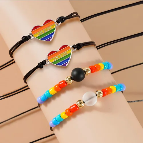 Vista 2 de Pulsera de arco iris LGBT, elegantes pulseras de cuero negro del orgullo LGBTQ, cierre de acero inoxidable a rayas de arco iris, brazalete