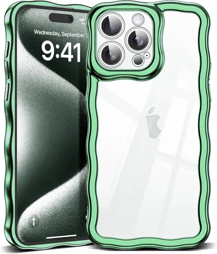 Vista 12 de SKYLMW Funda compatible con iPhone 12 Pro, diseño de ondas rizadas kawaii, borde chapado de lujo, elegante parte trasera transparente brillante, TPU