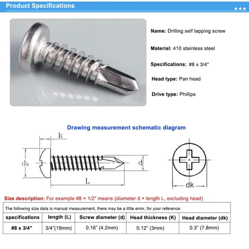 Vista 2 de Tornillos autorroscantes de acero inoxidable 410 #8 x 3/4" (19mm) Tornillos autoperforantes Phillips Pan Head Tornillos autoperforantes 100 piezas