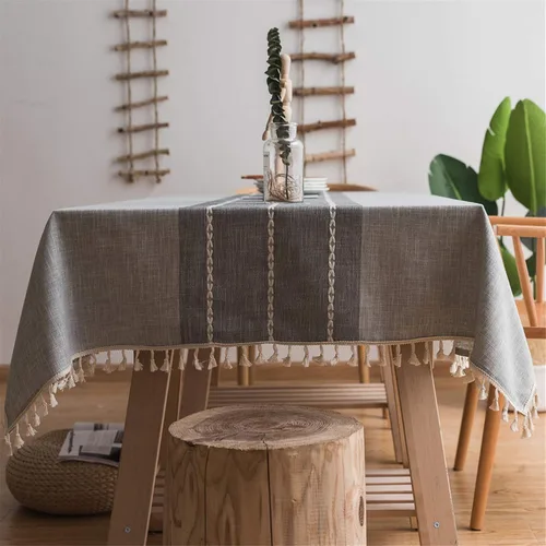 Vista 8 de Dimatic Mantel de Algodón y Lino de Peso Pesado - Mantel Redondo de 60 Pulgadas - Cubierta de Mesa con Costura de Borlas para Decoración de Beige