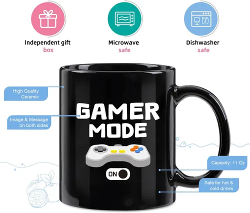 Vista 5 de YHRJWN Regalos de juegos para hombres, taza de café Gamer Mode ON para los amantes de los juegos, idea de regalos para jugadores para Navidad