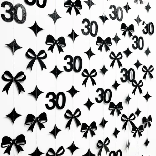 Vista 4 de Decoraciones de cumpleaños negras con lazo del 30 aniversario, guirnalda de lazos coquette con purpurina, pancarta serpentina para mujeres