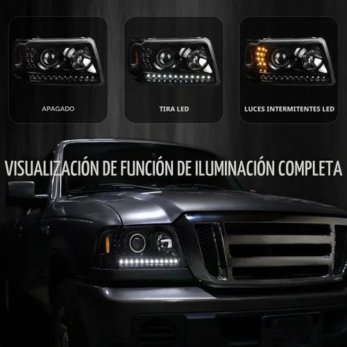 Vista 2 de SPEC-D TUNING Faros Delanteros Proyectores Negro Azabache con Tira LED y Señal de Giro LED Compatible con Ford Ranger 2001-2011, Par de Faros