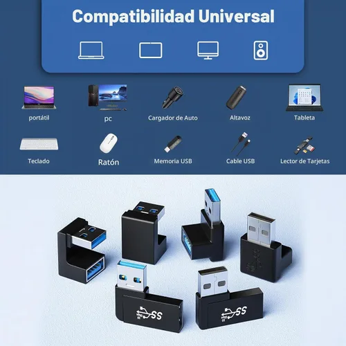 Vista 6 de Paquete de 6 adaptadores USB 3.1 de 180 grados y 90 grados Left&Right Angle USBA Male to Female Extender Connector for PC, Laptop, USB Car