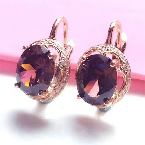 Vista 4 de SAGEKING 2024 New 585 Purple Gold Plated 14K Rose Gold Inlaid Oval Gemstone Earrings For Women Glamour Babble Engagement Wedding Jewelry Gift