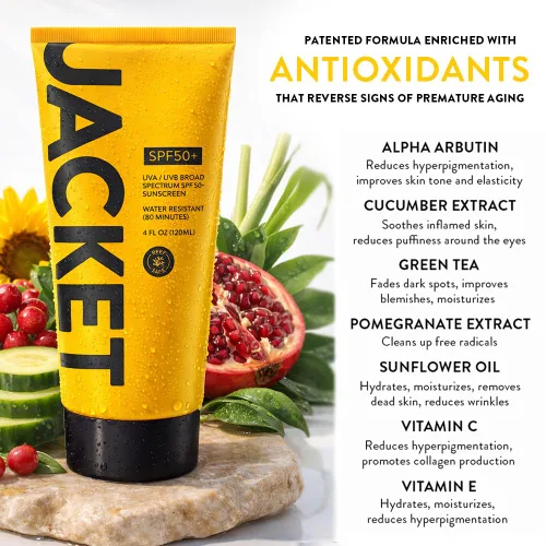 Vista 6 de JACKET Protector solar SPF 50+ Protector solar mineral con vitamina C Resistente al agua 80 minutos, natural, seguro para arrecifes Protección