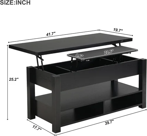 Vista 5 de Mesa auxiliar elevable, mesa auxiliar multifuncional con estantes abiertos, mesa de comedor moderna para sala de estar, oficina en casa (negro #004)