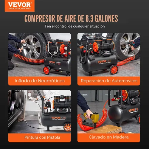 Vista 6 de VEVOR Compresor de aire de 6.3 galones, compresores de aire de 2 HP 3.35 CFM@90PSI con presión máxima de 116PSI, tanque de compresor sin aceite