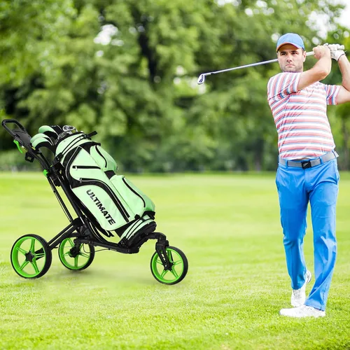 Vista 9 de GYMAX Carrito de golf plegable con rueda delantera giratoria, carrito de golf ajustable de 3 ruedas, carrito de golf compacto fácil de plegar