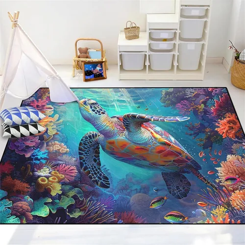 Vista 11 de Alfombra de tortuga marina con estampado de animales marinos y animales marinos, alfombra con estampado de tortugas marinas, para niños y niñas