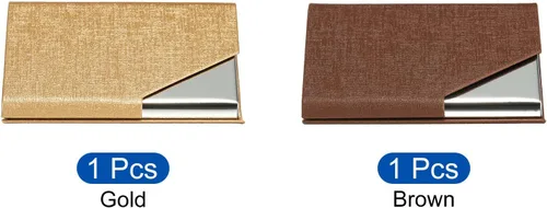 Vista 3 de PATIKIL Portatarjetas de visita, 2 piezas de piel sintética con tapa delgada para tarjetas de nombre para mujeres y hombres, dorado, marrón