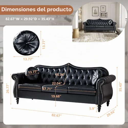 Vista 2 de AVZEAR 82" Sofá de tres plazas de cuero, sofá Chesterfield, sofá tapizado en PU de estilo moderno de mediados de siglo, sofá de sala de estar