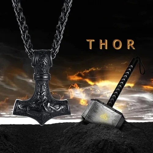 Vista 2 de Colgante nórdico de martillo vikingo Thor para hombre collar de talismán de mitología Vegvisir Mjolnir de acero inoxidable joyería de amuleto nórdico