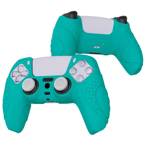 Vista 6 de eXtremeRate PlayVital Guardian Edition Aqua Green Ergonomic Soft Anti-Slip Controller Silicone Case Cover for ps5, Rubber Protector Skins with White