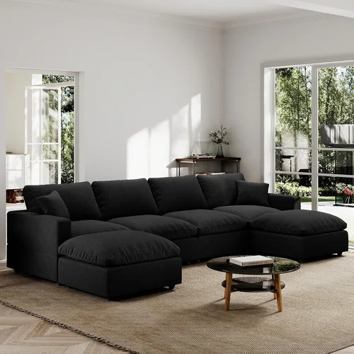 Vista 42 de Sofá seccional moderno de lino en forma de L para sala de estar, sofás modulares con relleno de plumón, fundas de cojín de sofá desmontables, sofá