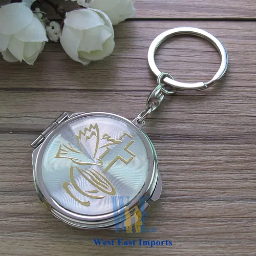 Vista 3 de 12 llaveros de espejo compacto para bautizo recuerdos, maquillaje de Espíritu Santo Compacto/Primera Comunión/Oro Plata/Recuerdos para Comunión