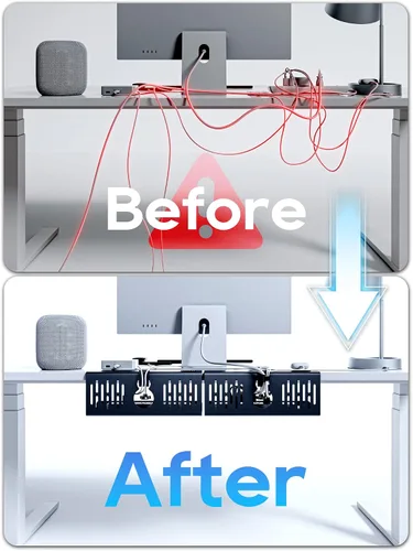 Vista 2 de NODOCA Bandeja de gestión de cables para debajo del escritorio sin perforación, gestión de cables de 14'', abrazadera sin perforaciones, bandeja