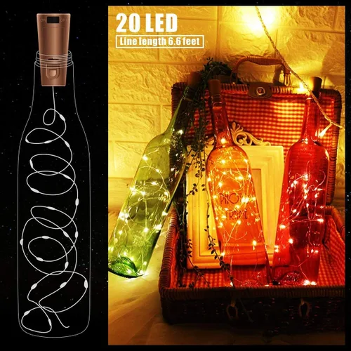 Vista 2 de Paquete de 30 luces para botella de vino con corcho, luces de botella de corcho, funciona con pilas, cable plateado de 6.6 pies, 20 luces LED, luces