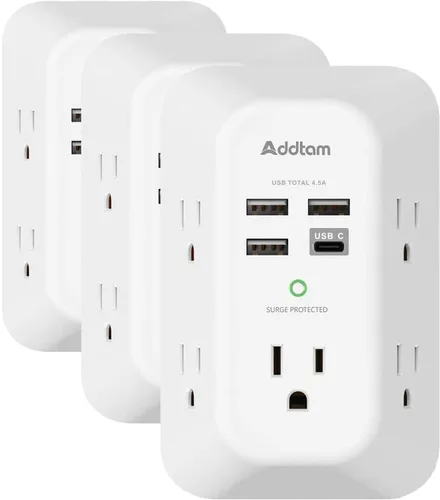 Vista 9 de Addtam cargador USB de pared con protector contra sobrecargas, extensor de 5 tomas con 4 puertos de carga USB (1 salida USB C) de 3 lados, 1800 J