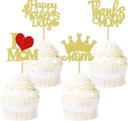 Vista 17 de Ercaido - Paquete de 48 adornos para cupcakes para el Día de la Madre con purpurina de oro rosa con purpurina para el Día de la Madre para la mejor