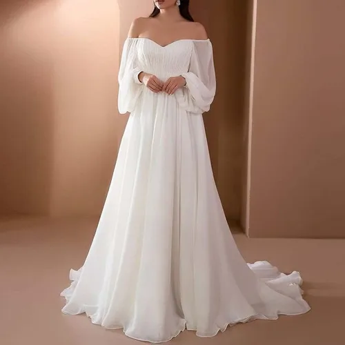 Vista 4 de NaRHbrg Vestido de gasa para mujer con cintura imperio, vestidos de dama de honor con hombros descubiertos, vestido de fiesta hasta el suelo, Verde