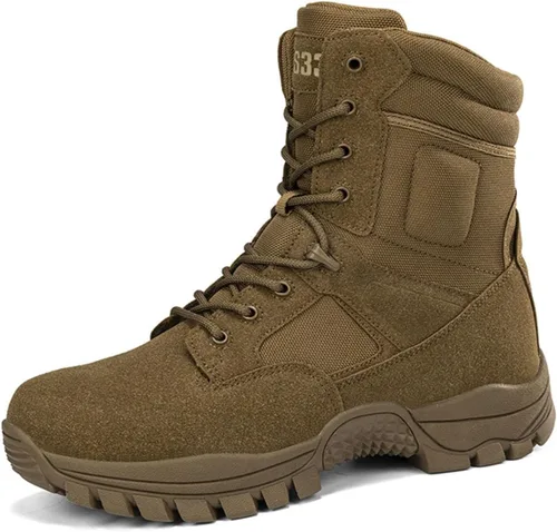 Vista 8 de Kervaky Botas tácticas para hombre, cremallera lateral, fáciles de llevar, al aire libre, trabajo, botas militares, botas tácticas para hombres Beige