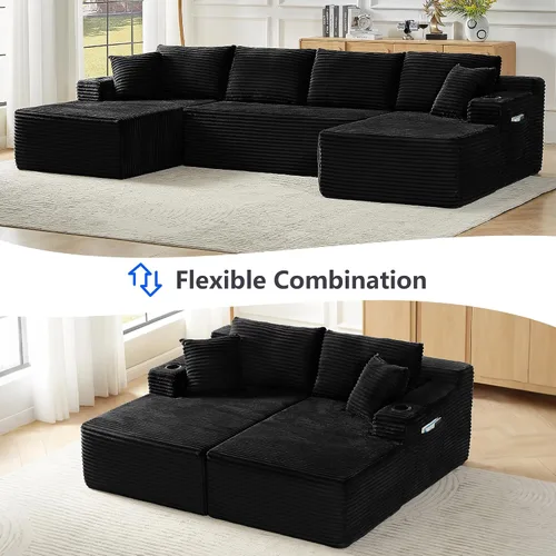 Vista 3 de Sofá modular de 133.5 pulgadas con tumbonas móviles, sofás deshuesados con portavasos para sala de estar, sofá modular en forma de U de gran
