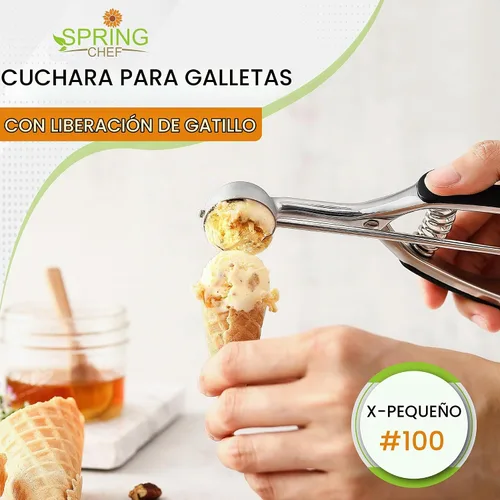Vista 2 de Spring Chef - Cuchara de melón de acero inoxidable extra pequeña, #100, color negro Mini Cookie Scoop for Baking with Trigger Release, Watermelon