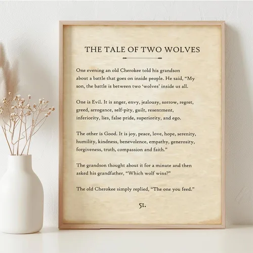 Vista 3 de The Tale of Two Wolves - Póster enmarcado de 11 x 14 pulgadas, listo para colgar, arte de pared con cita inspiradora de la parábola Cherokee